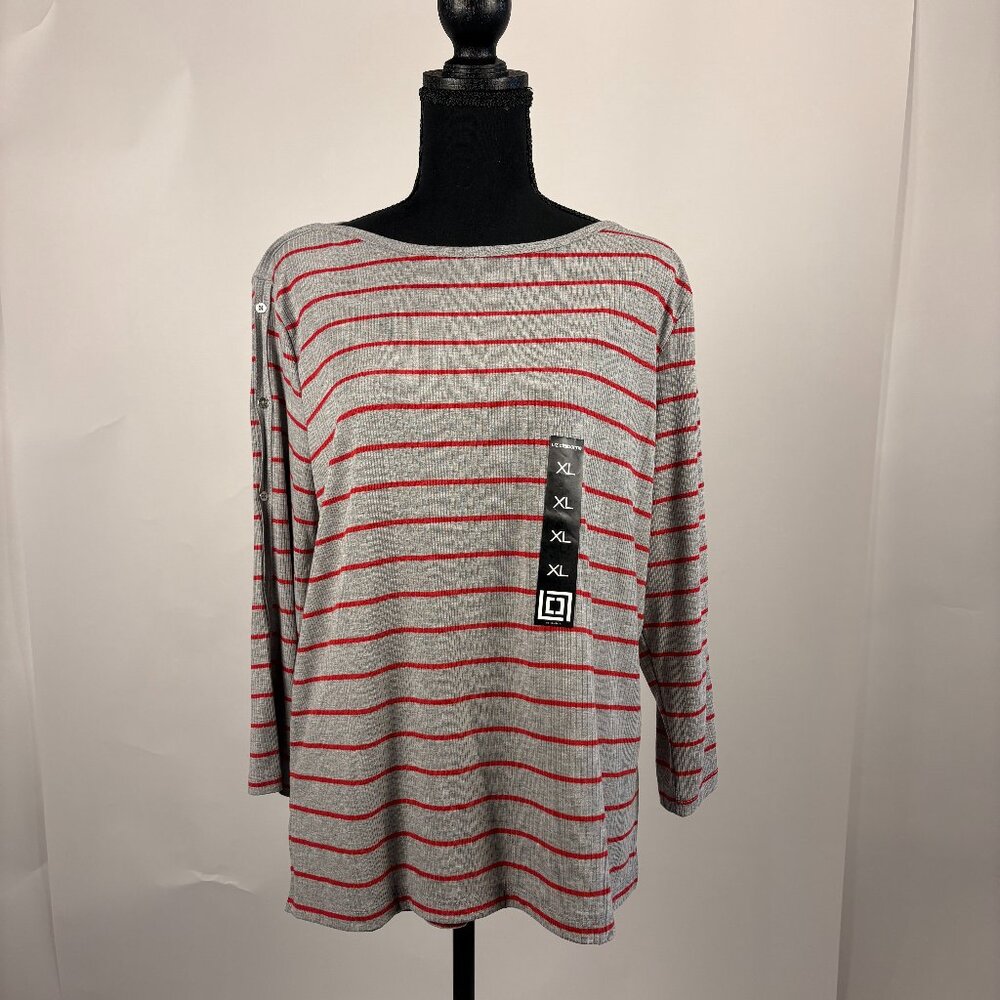 Liz Claiborne | Boatneck Tee | XL | Striped with Button Sleeve Detail